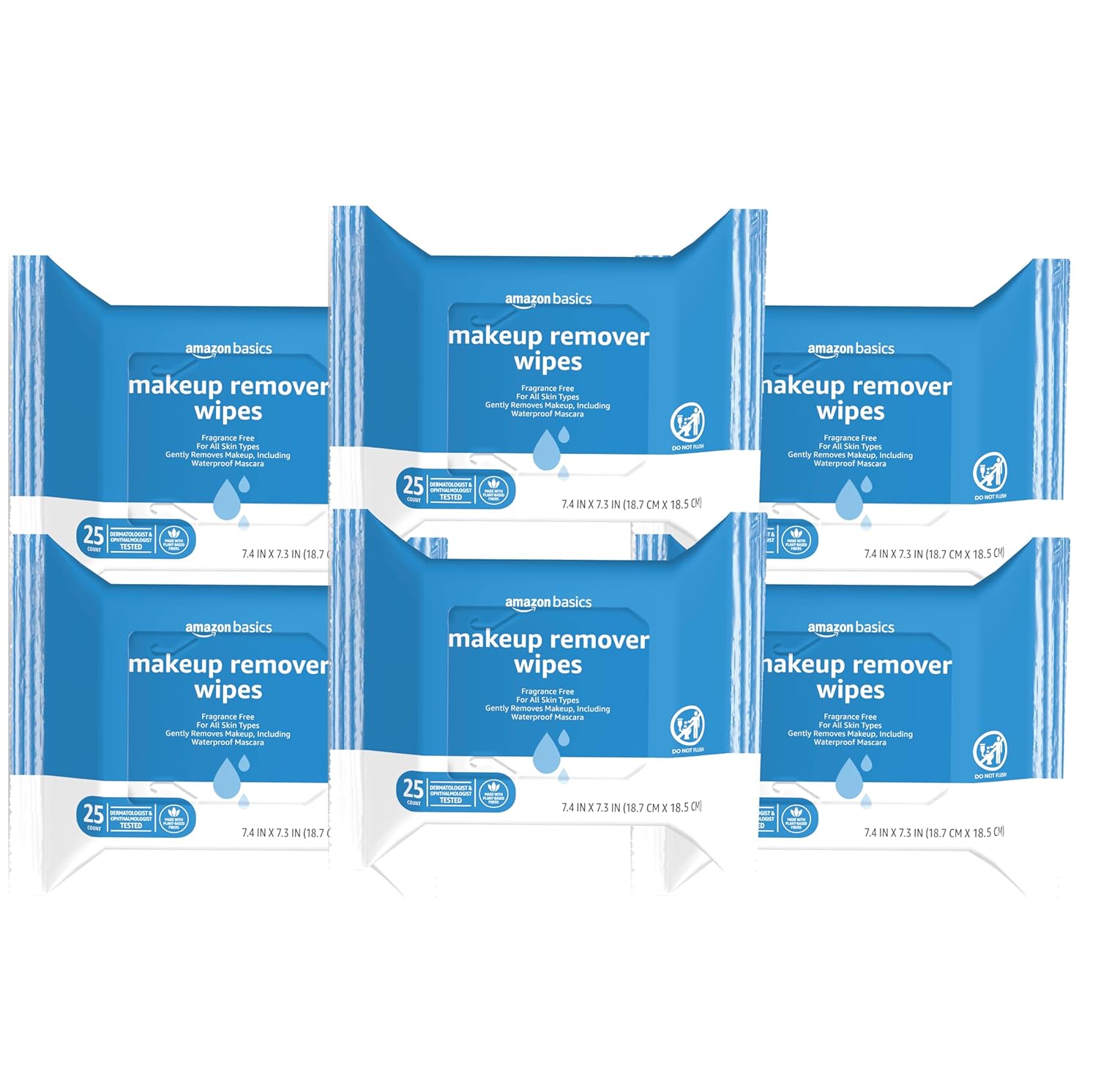 Amazon Basics Make Up Remover Wipes, Fragrance Free, 150 Count (6 Packs of 25) (Previously Solimo)