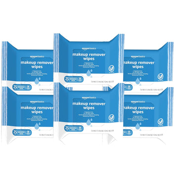 Amazon Basics Make Up Remover Wipes, Fragrance Free, 150 Count (6 Packs of 25) (Previously Solimo)