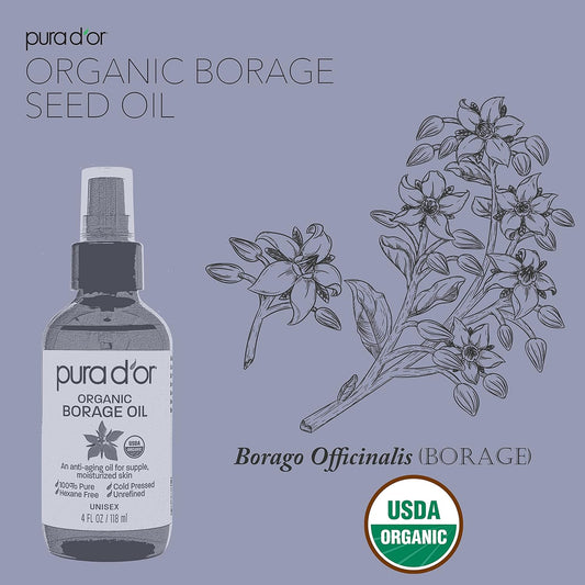 Pura D'Or Organic Borage Seed Oil (4Oz / 118Ml) 100% Pure Usda Certified Premium Grade Natural Moisturizer, Cold Pressed, Unrefined, Hexane-Free Base Carrier Oil For Diy Skin Care For Men & Women