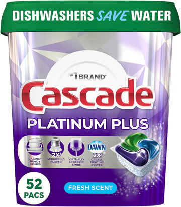 Cascade Platinum Plus Dishwasher Pod, Dish Detergent Actionpacs Dish Pods, Fresh, 52 Count