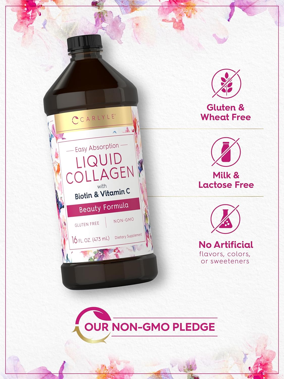 Carlyle Liquid Collagen 16 fl oz | with Biotin and Amino Acid Protein | Natural Berry Flavor | Non-GMO, Gluten Free : Health & Household