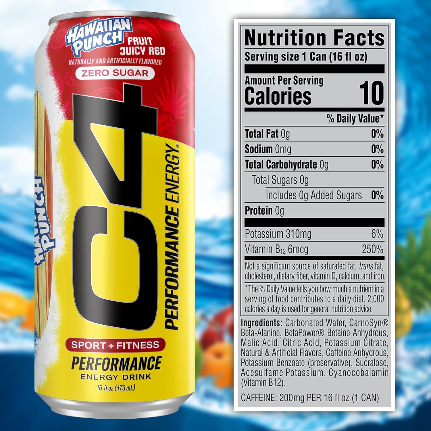 C4 Performance Energy Drink | Hawaiian Punch™ | Zero Sugar Carbonated Preworkout Energy | 200Mg Caffeine With Beta Alanine | 16 Fl Oz (12 Pack)