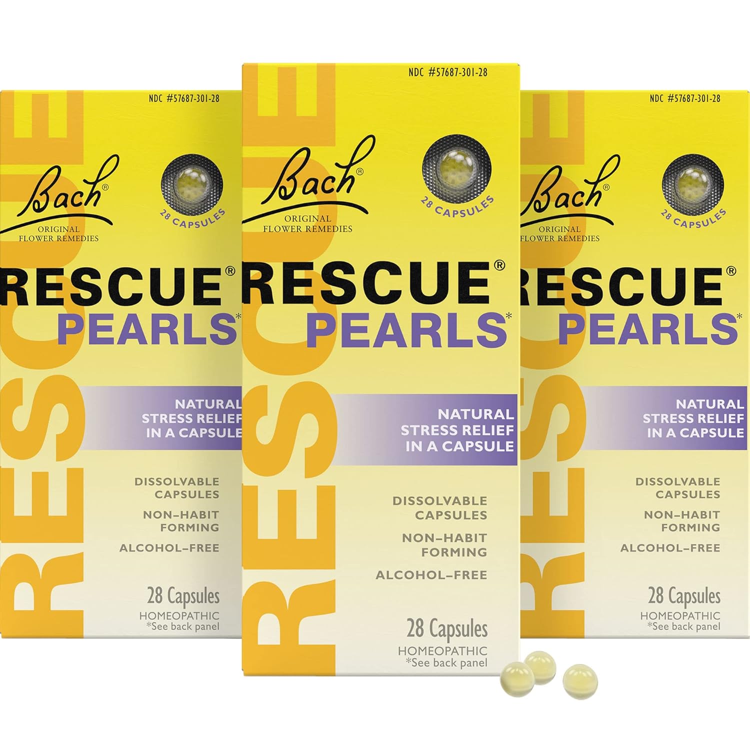 Bach Rescue Pearls, Natural Orange Vanilla Flavor, Natural Stress Relief, Homeopathic Flower Essence, Quick-Dissolve, Gluten & Sugar-Free, 3 Pack, 28 Count Each