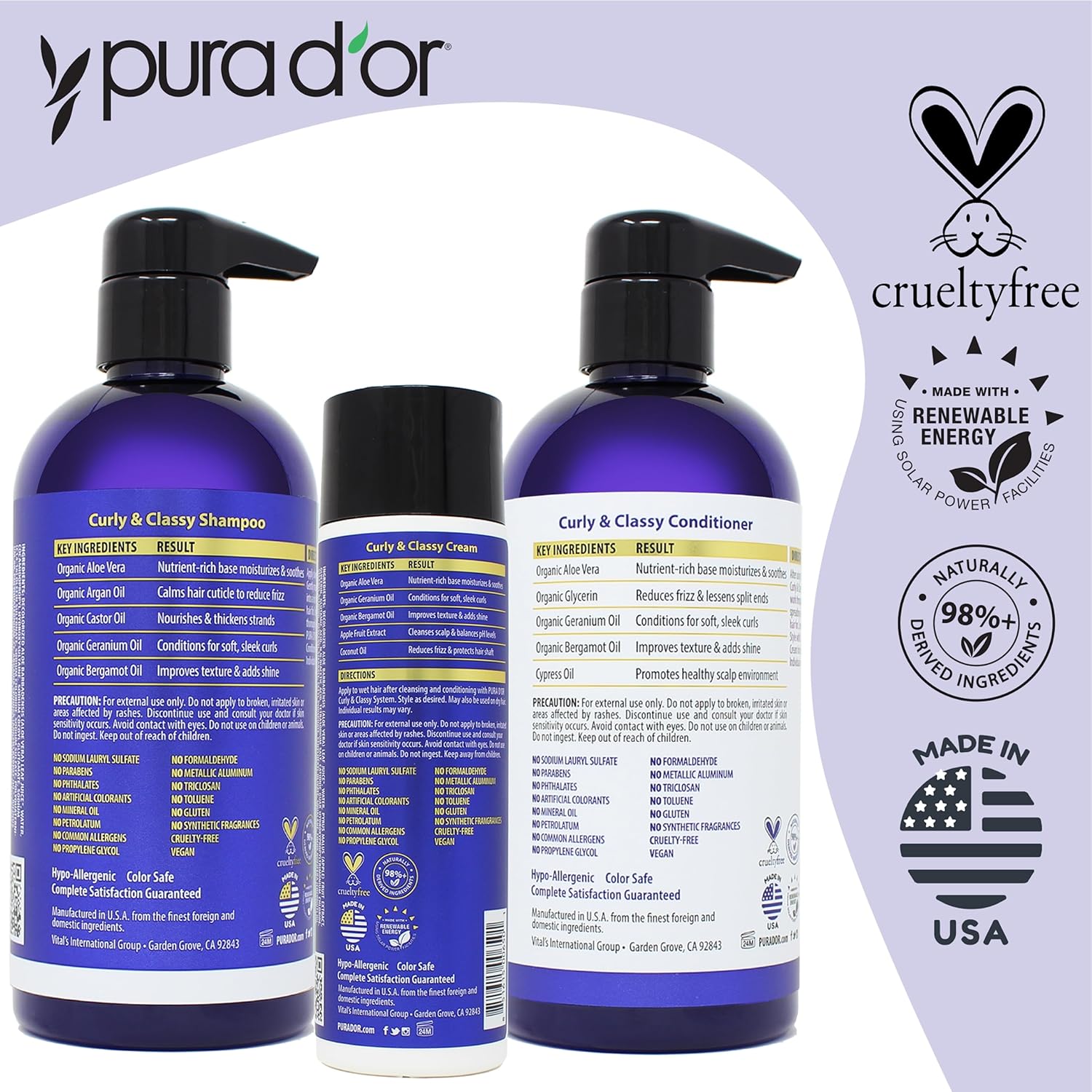 PURA D'OR Curly & Classy 3-Piece Complete Set (Shampoo, Conditioner, Cream) For Luscious & Defined Curls, Nourishing Formula with Argan Oil, Castor Oil, Geranium Oil, Coconut Oil & Kukui Seed Oil : Beauty & Personal Care