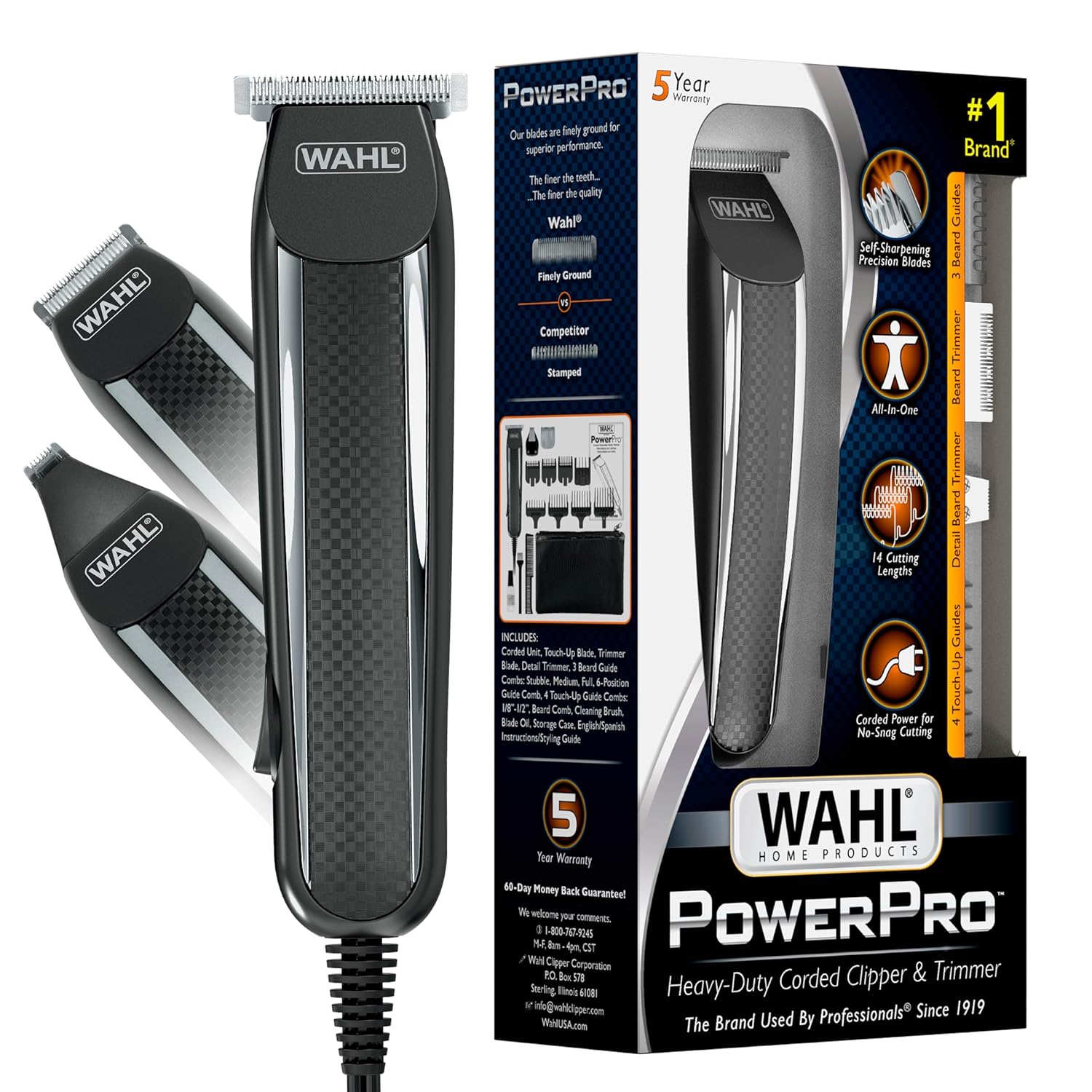 Wahl Powerpro Corded Detailer Trimmer Kit For Mens Grooming – For Beard, Mustache, Stubble, Ear, Nose, & Body Grooming – Model 9686