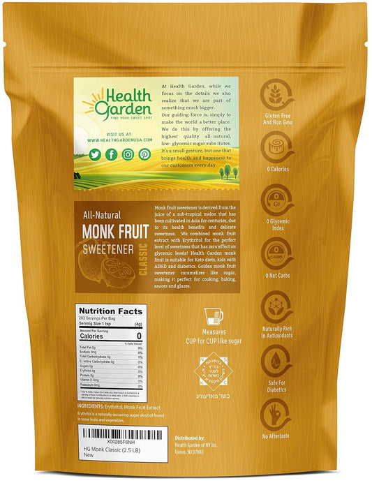 Health Garden Monk Fruit Sweetener, Classic White - Non Gmo - Gluten Free - 1:1 Sugar Substitute - Keto Friendly - Taste Like Sugar (2.5 Lb)