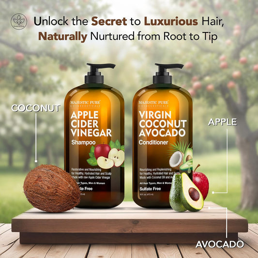 Majestic Pure Apple Cider Vinegar Shampoo And Avocado Coconut Conditioner Set - Restores Shine & Reduces Itchy Scalp, Dandruff & Frizz - Sulfate Free, For All Hair Types, Men And Women - 2 X 16 Fl Oz