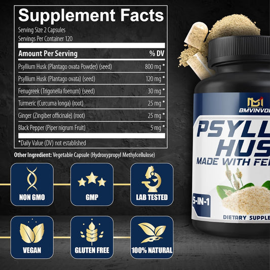 Bmvinvol Psyllium Husk Capsules Fiber Supplement With Fenugreek, Turmeric, Ginger, Black Pepper - Support Digestive System, Intestinal Health - 240 Count For 4 Month Supply