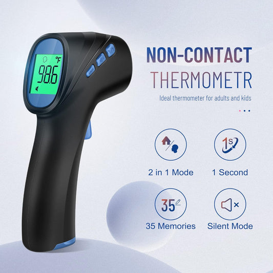 Touchless Thermometer for Adults, Digital Infrared Thermometer Gun with Fever Alarm, Forehead and Object 2 in 1 Mode, Fast Accurate Results (Black)