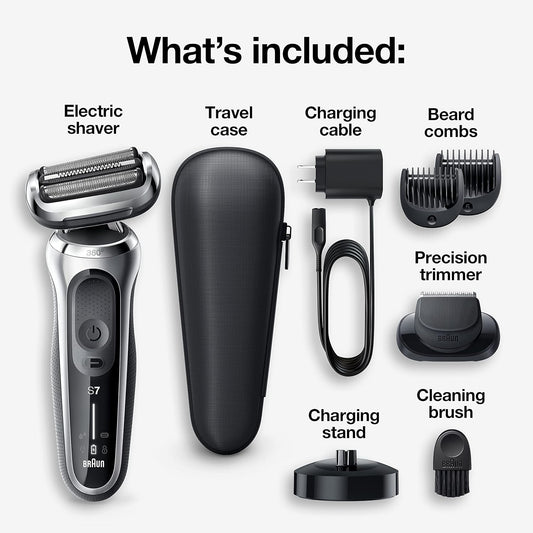 Braun Electric Razor For Men, Waterproof Foil Shaver, Series 7 7027Cs, Wet & Dry Shave, With Beard Trimmer, Rechargeable, Charging Stand And Travel Case Included, Silver Black