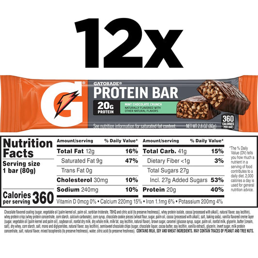 Gatorade Whey Protein Bars, Mint Chocolate Crunch, 2.8 Oz Bars (Pack Of 12, 20G Of Protein Per Bar)