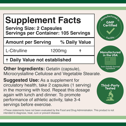 L Citrulline Capsules 1,200Mg Per Serving, 210 Count (L-Citrulline Increases Levels Of L-Arginine, Acts As A Nitric Oxide Booster) Muscle Recovery Supplement To Improve Muscle Pump By Double Wood