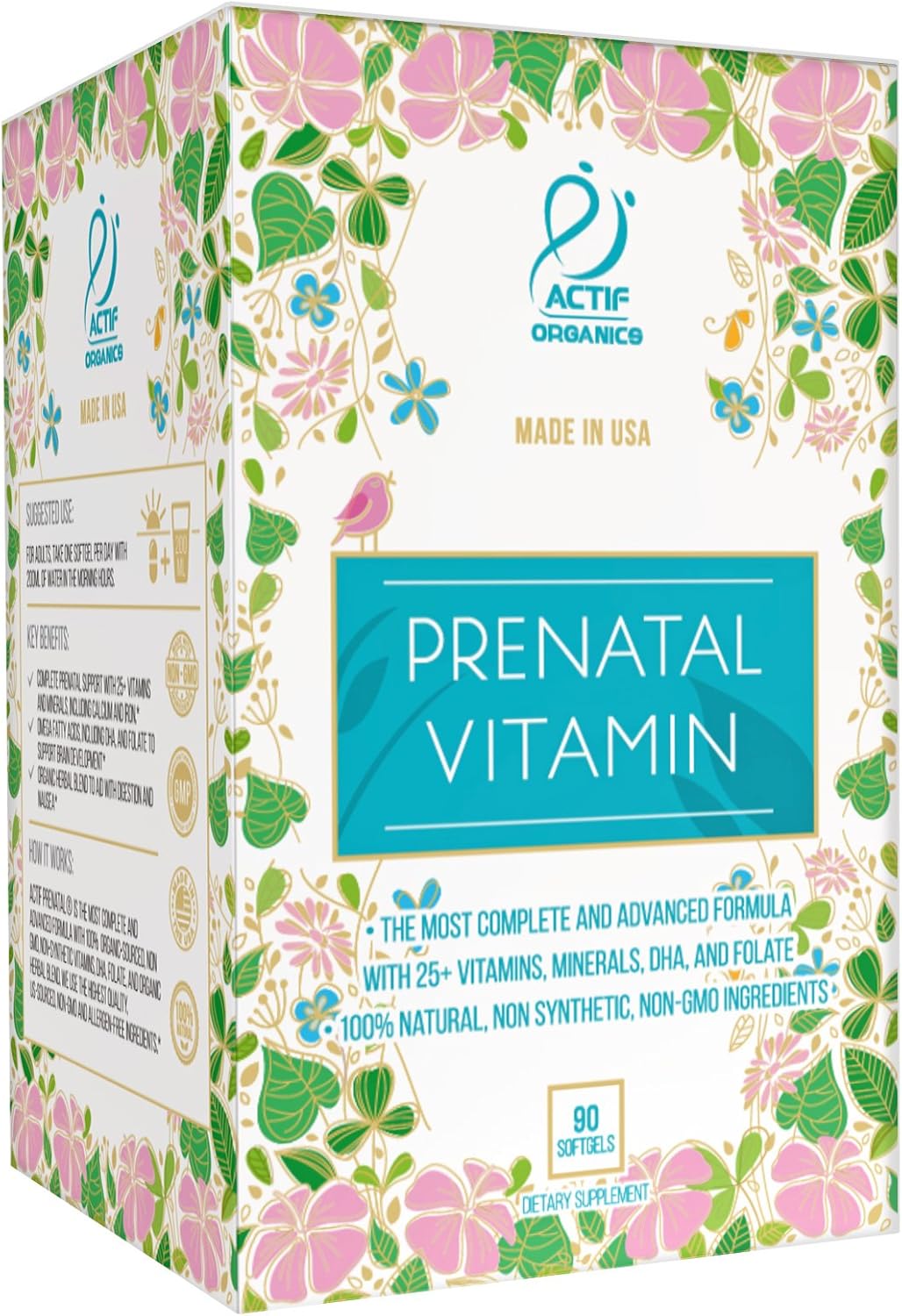 ACTIF Organic Prenatal Vitamin with 25+ Organic Vitamins, 100% Natural, DHA, EPA, Omega 3, and Organic Herbal Blend - Non-GMO, 45-Day Supply : Health & Household