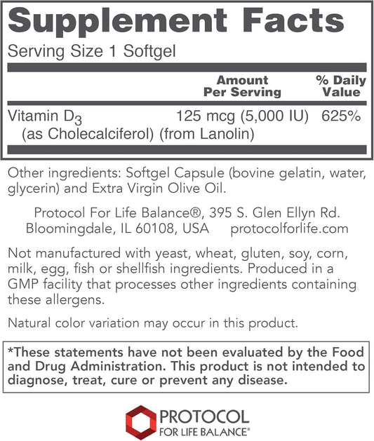 Protocol Vitamin D3 5,000 IU - Bone & Teeth Support* - Dietary Supplement for Immunity & Bone Mineralization* - Extra Virgin Olive Oil - Non-GMO, Halal, Keto-Friendly - 120 Softgels