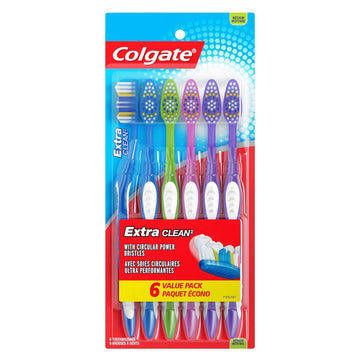 Colgate Extra Clean Toothbrush, Medium Bulk Toothbrush Pack, Adult Medium Bristle Toothbrushes with Ergonomic Handle and Circular Cleaning Bristles, Helps Remove Surface Stains, 6 Pack