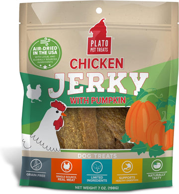 Plato Pet Treats Air Dried, Real Meat, Chicken Jerky With Pumpkin Dog Treats, Made In The Usa, Grain Free, 7Oz
