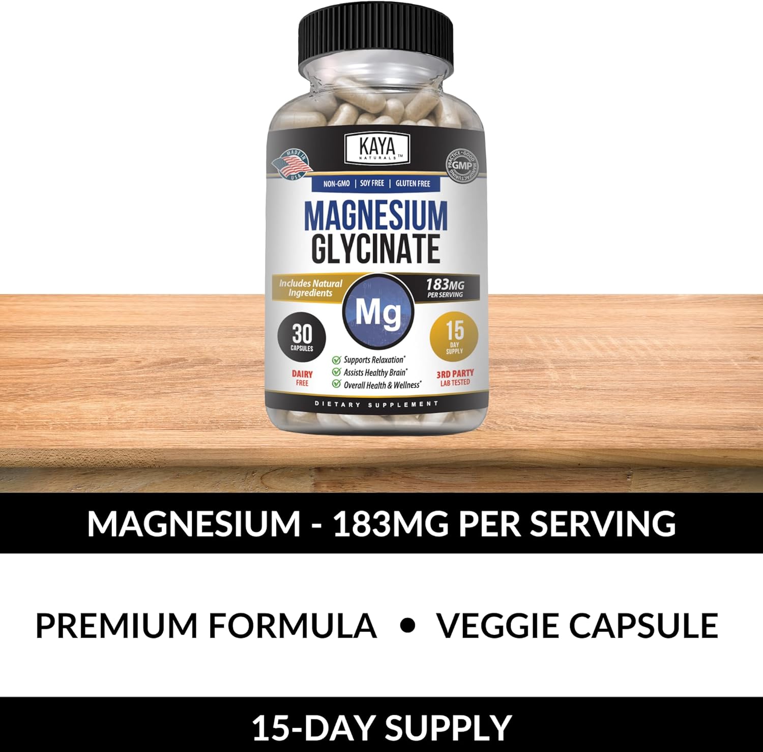 Magnesium Glycinate 183mg per Caps, Chelated for Maximum Absorption, Non-GMO, NO Gluten Dairy & Soy, Supports Muscle, Joint, and Heart Health - 30 Veggie Caps : Health & Household