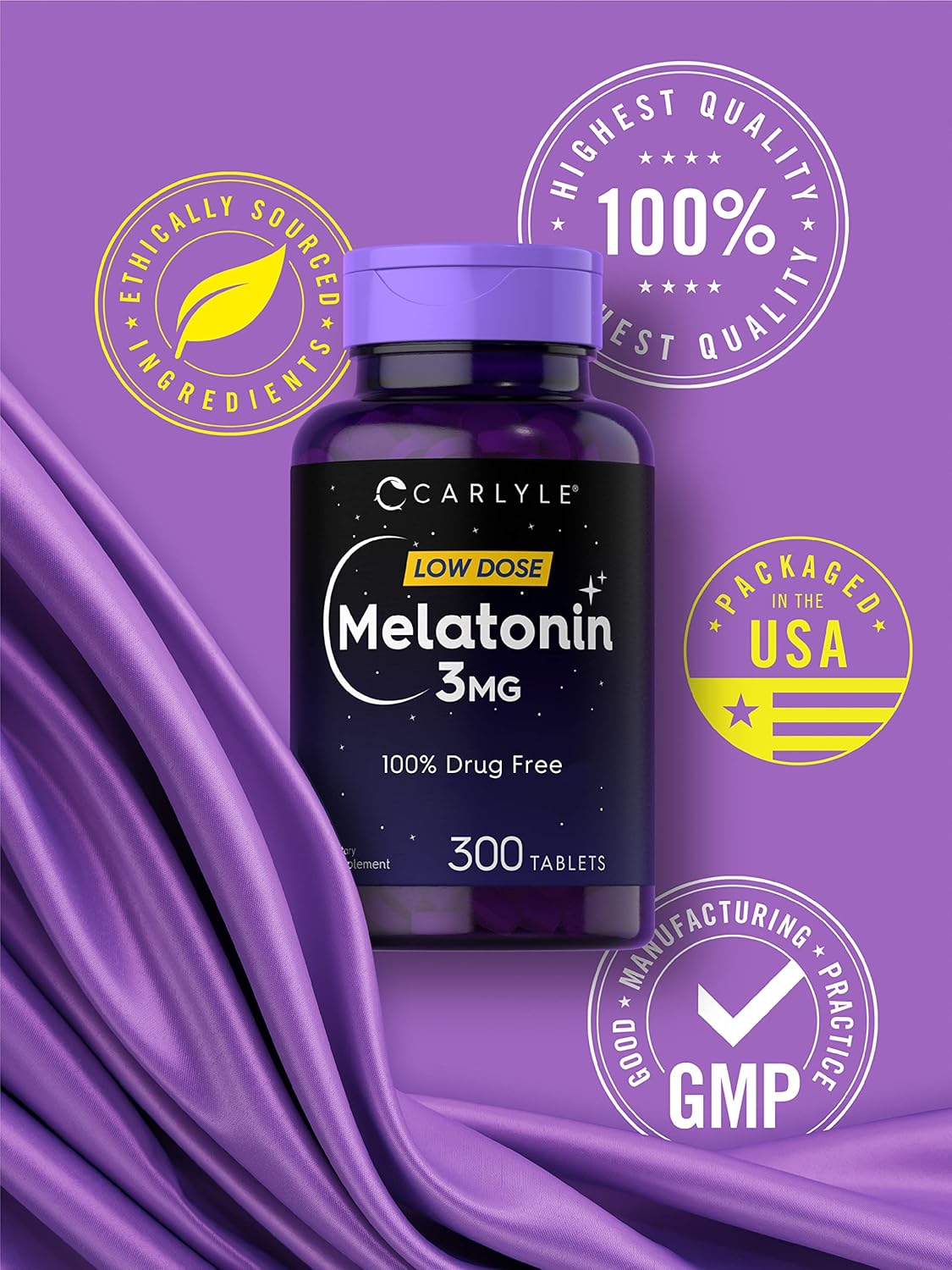 Carlyle Melatonin 3mg | 300 Tablets | Low Dose | Drug Free | Vegetarian, Non-GMO, Gluten Free : Health & Household