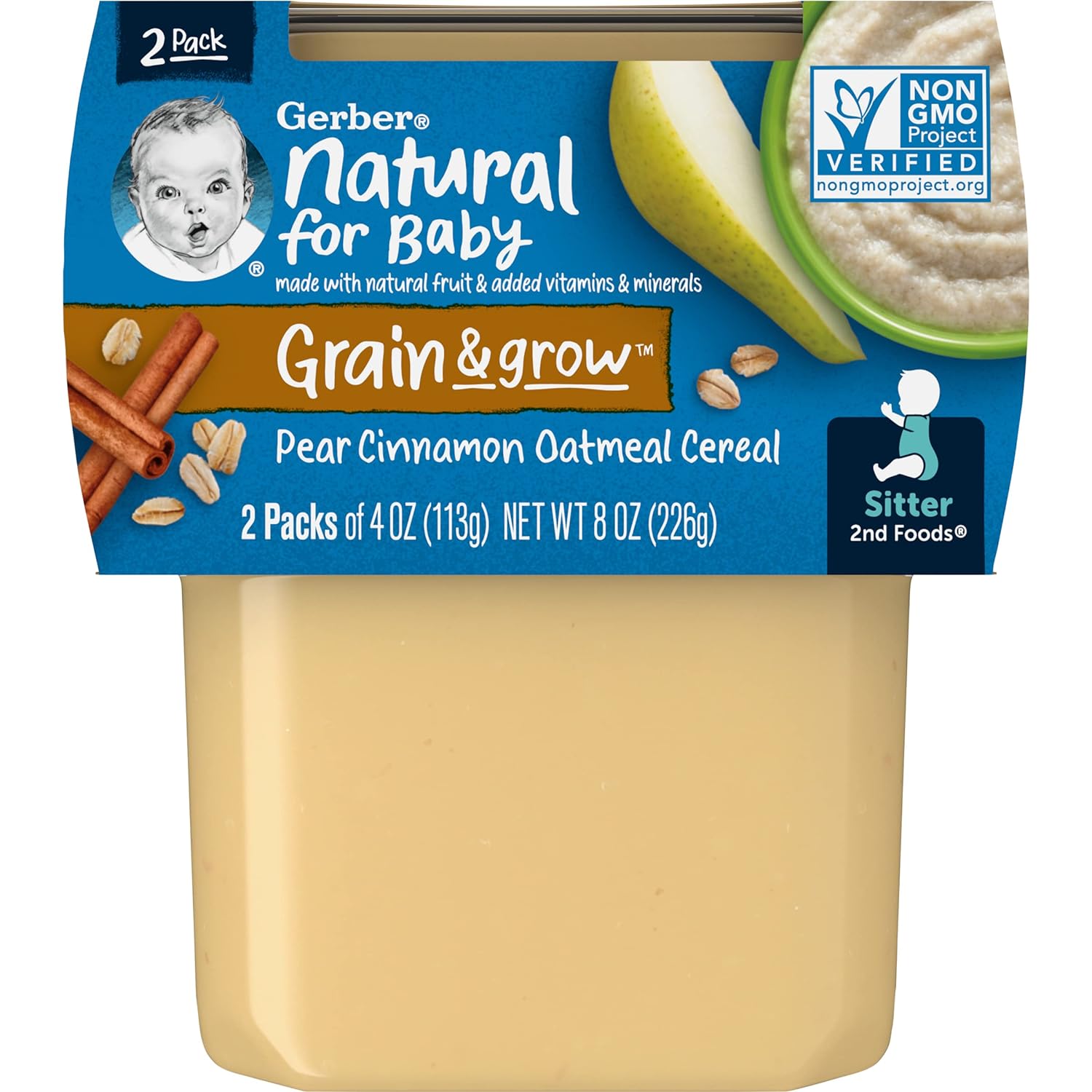 Gerber Baby Food 2nd Foods, Mixed Cereal, Pears & Cinnamon with Oatmeal Puree, 4 Ounce Tubs, 2-Pack (Pack of 8)