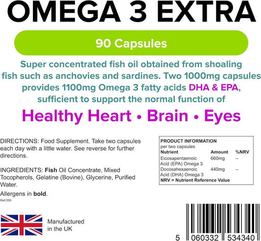 Lindens - Omega 3 Extra Fish Oil 1000Mg - 90 Capsules - Uk Made - 1100Mg Omega 3 Fatty Acids Dha & Epa - Supports Brain, Heart & Eye Health, Joint Health, Letterbox Friendly