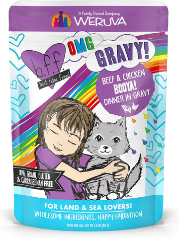 Weruva B.F.F. Omg - Best Feline Friend Oh My Gravy!, Booya! Beef & Chicken In Gravy Cat Food, 2.8Oz Pouch (Pack Of 12)