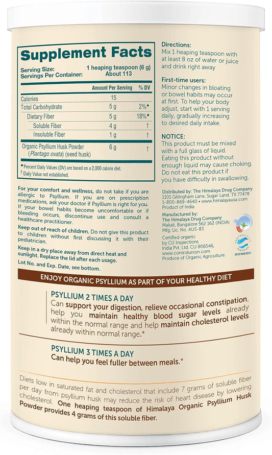 Himalaya Organic Psyllium Husk Powder, Daily Dietary Fiber Supplement, Regularity, Appetite Management, Certified Organic, Non-Gmo, No Artificial Colors, Unflavored, 113 Teaspoon Supply, 24 Oz