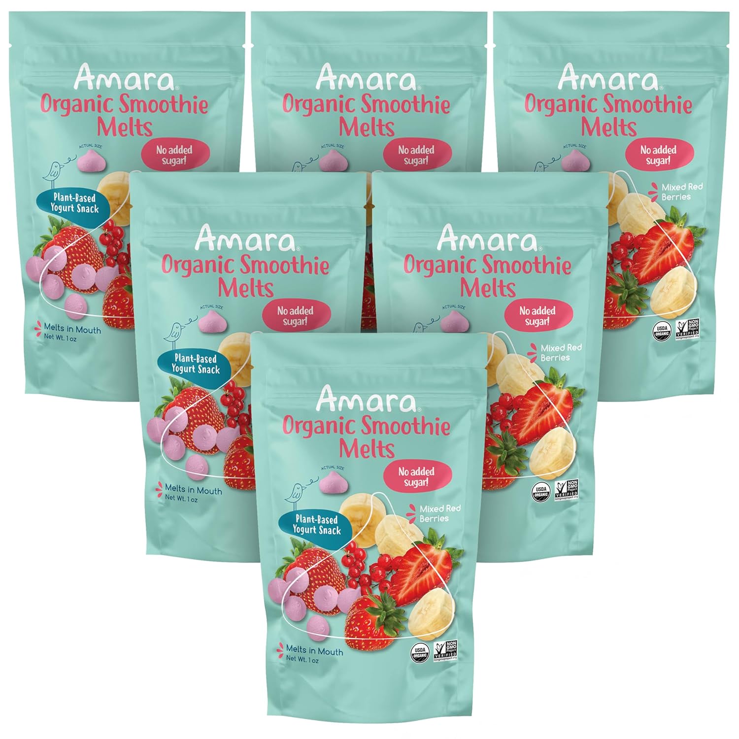 Amara Smoothie Melts - Mixed Red Berries - Baby Snacks Made With Fruits And Vegetables - Healthy Toddler Snacks For Your Kids Lunch Box - Organic Plant Based Yogurt Melts - 6 Resealable Bags