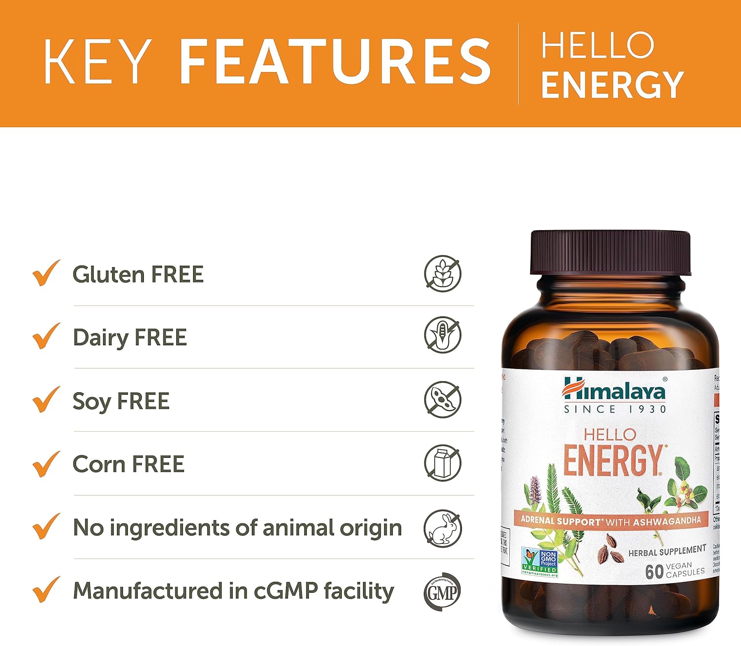 Himalaya Hello Energy Herbal Supplement with Ashwagandha, Amla, Haritaki, Daily Energy Support, Positivity, Metabolism, Caffeine Free, Gluten Free, Non-GMO, Vegan, 60 Capsules, 30 Day Supply : Health & Household