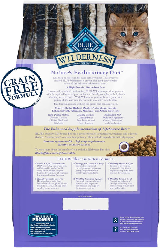 Blue Buffalo Wilderness Natural Kitten Dry Cat Food, With Dha And Ara To Support Brain And Eye Development, High-Protein And Grain-Free Diet, Chicken, 2-Lb. Bag