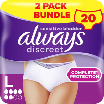 Always Discreet Incontinence Pants Women, L, UK 16-22, White, Absorbency 6, 20 Underwear / Knickers (10 x 2 Packs), (Packing May Vary)