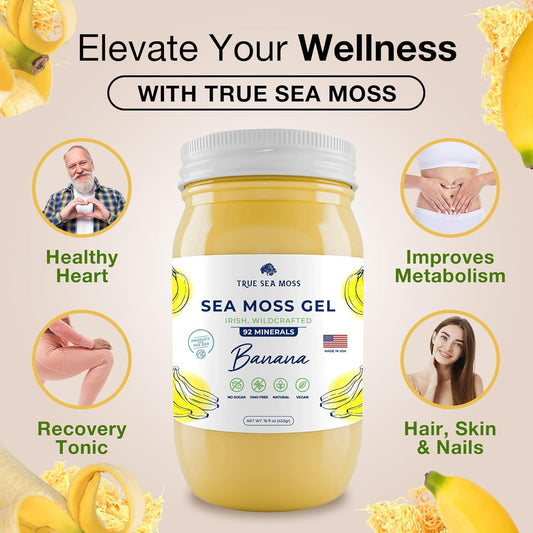 TrueSeaMoss Wildcrafted Irish Sea Moss Gel - Made with Dried Seaweed - Seamoss, Vegan-Friendly, Antioxidant Supports Thyroid & Digestion - Made in USA (Banana, Pack of 1)