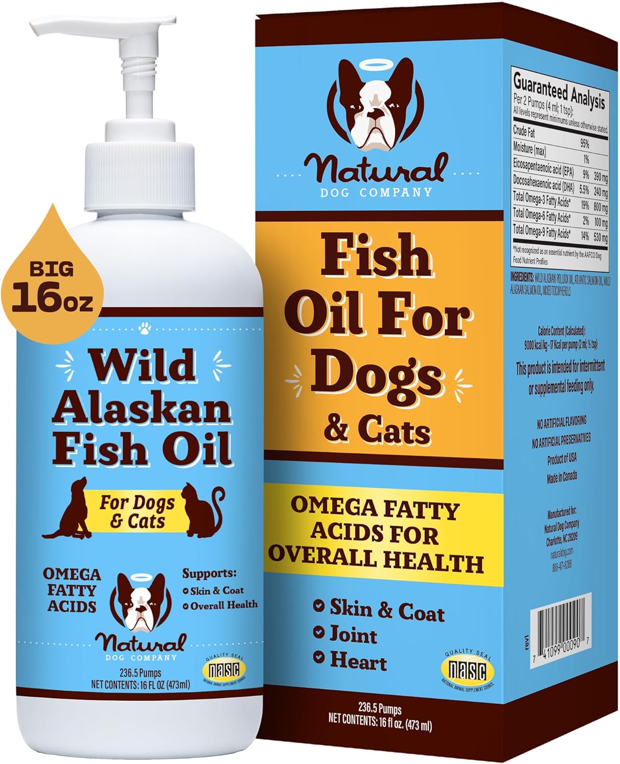 Natural Dog Company Wild Alaskan Fish Oil for Dogs and Cats (16oz) - Blend of Wild Salmon & Pollock Oil - Omega 3 EPA & DHA - Reduces Shedding, Nourishes Skin, Coat & Joints, Fish Oil for Cats