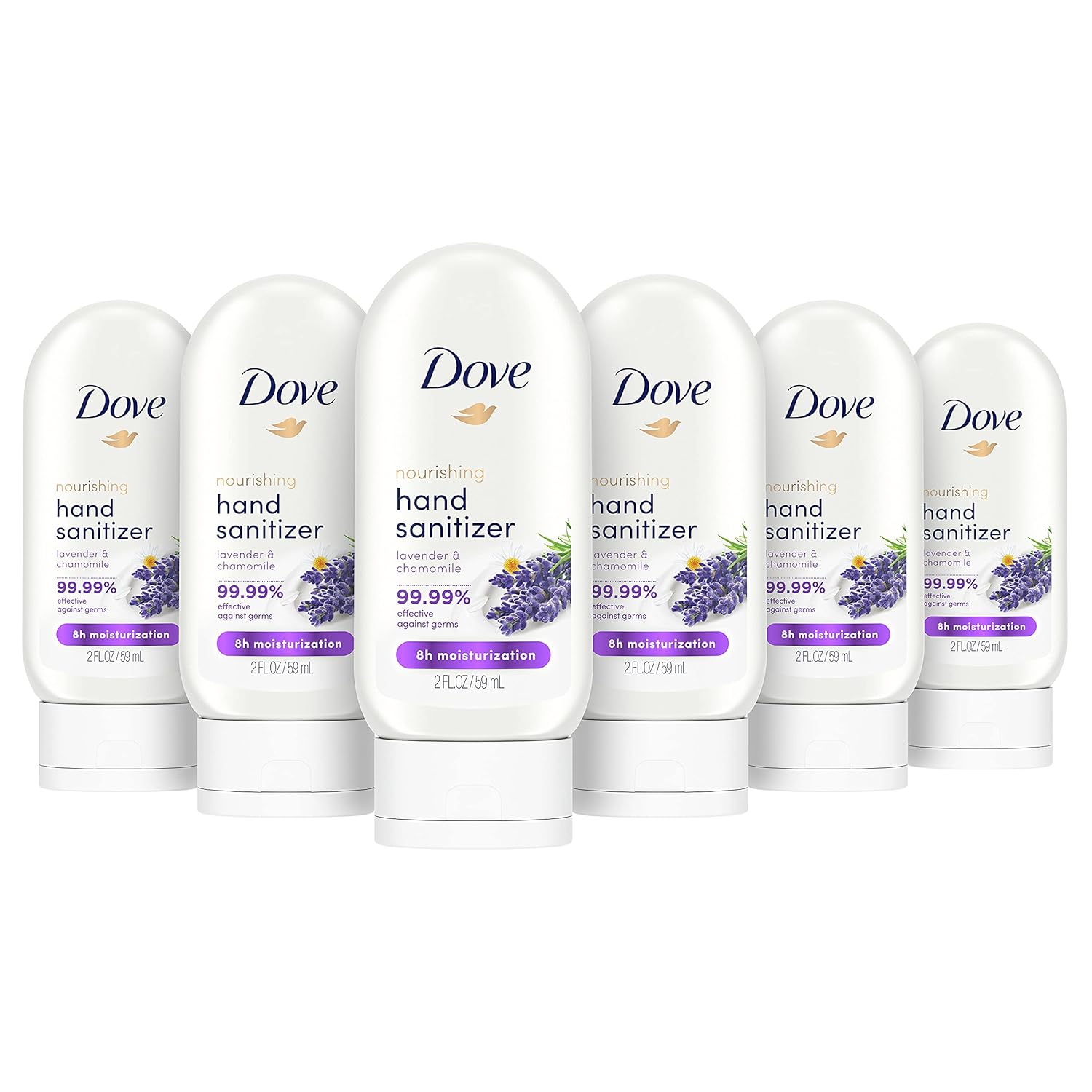 Dove Nourishing Hand Sanitizer 99.99 Percent Effective Against Germs Lavender And Chamomile Antibacterial Gel With 61 Percent Alcohol And Lasting Moisturization For Up To 8 Hours 2 Oz 6 Count