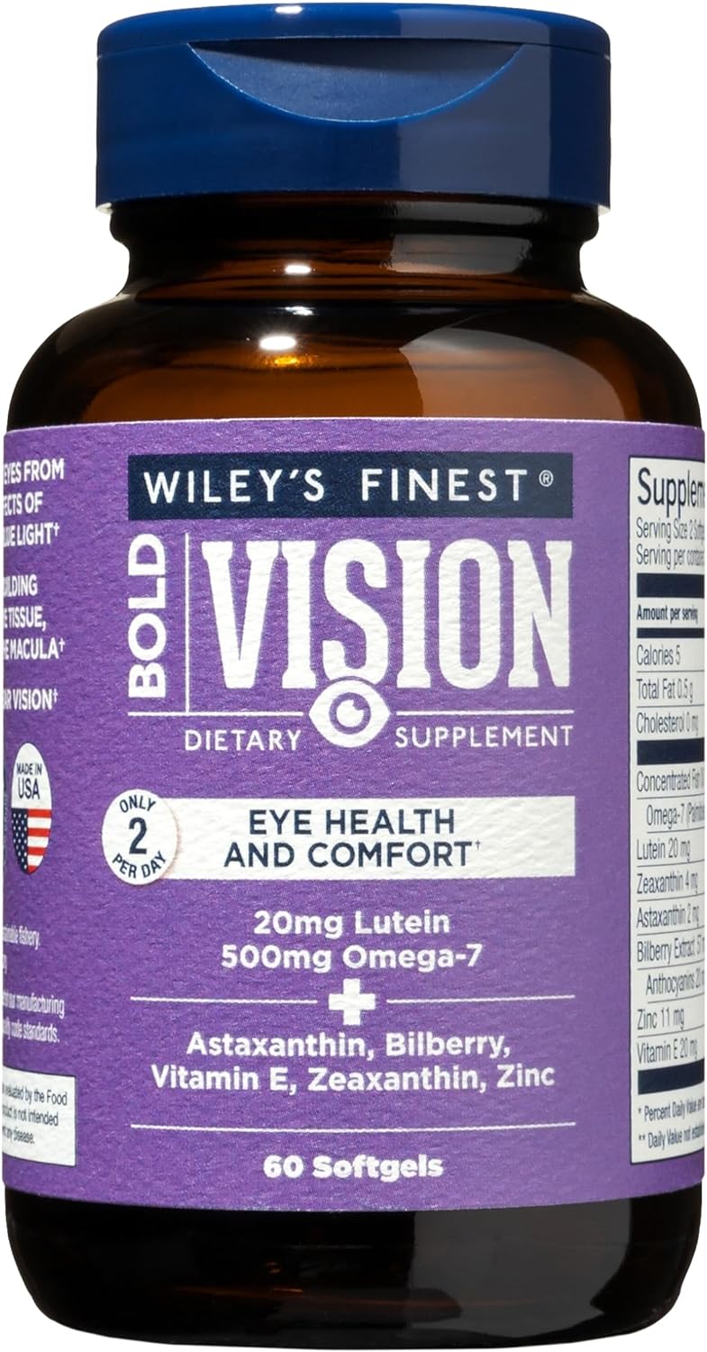 Wiley's Finest Wild Alaskan Fish Oil Bold Vision - Fish Oil Eye Health Supplement with Lutein, Zeaxanthin, Bilberry, Omega-7, Vitamin E, and Zinc - 60 Softgels (30 Servings)