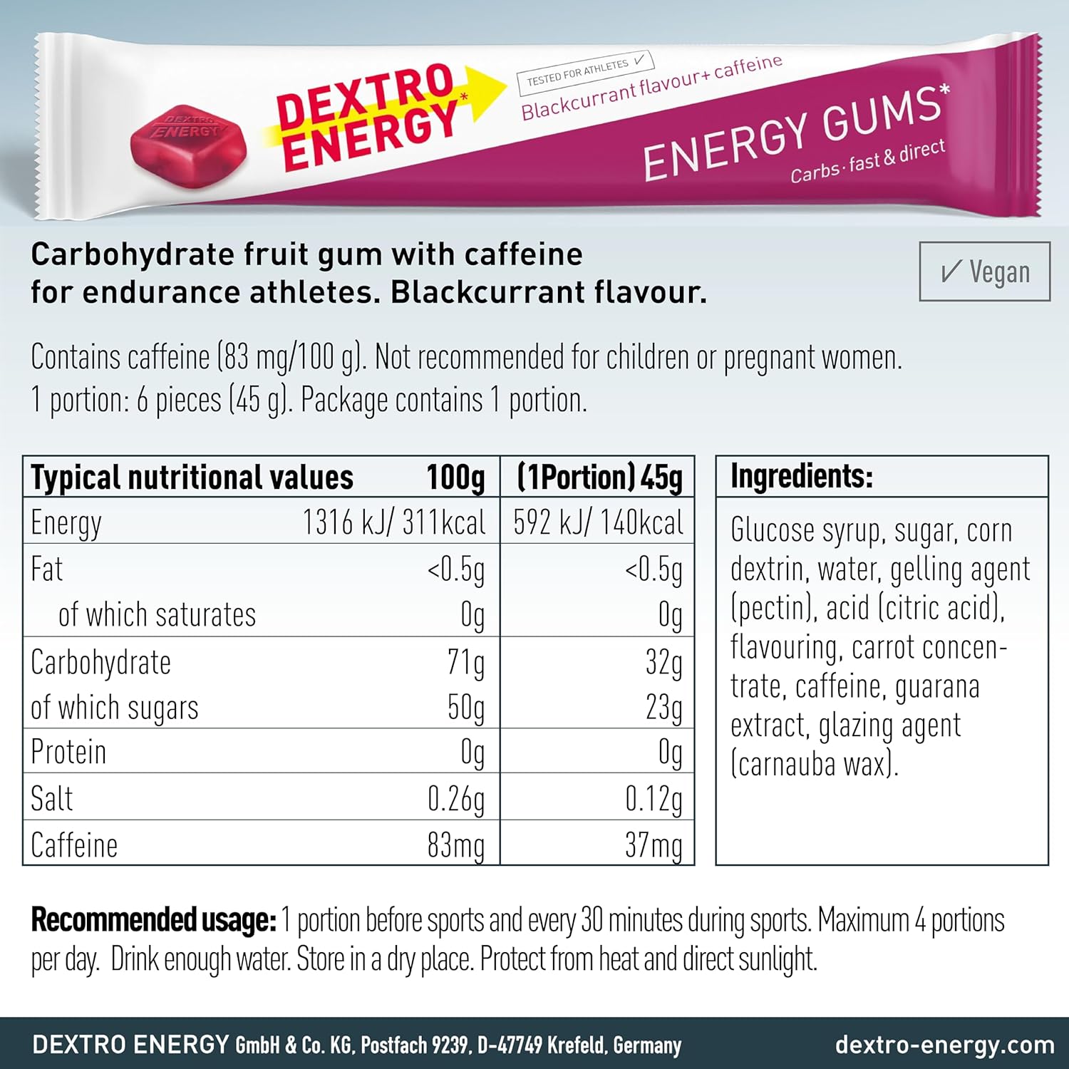 Dextro Energy | Energy Gums | Blackcurrant + Caffeine | Pocket Size Energy on the Go | For active lifestyle | Great taste | Vegan | 8 x 45 g : Amazon.co.uk: Health & Personal Care