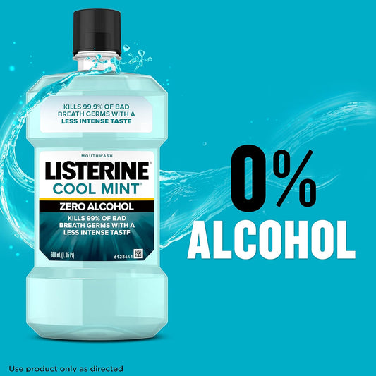 Listerine Mouthwash, Zero Alcohol, Germ Killing, Less Intense Formula, Bad Breath Treatment, Alcohol Free Mouth Wash For Adults; Cool Mint Flavor, 500 Ml (Pack Of 6)