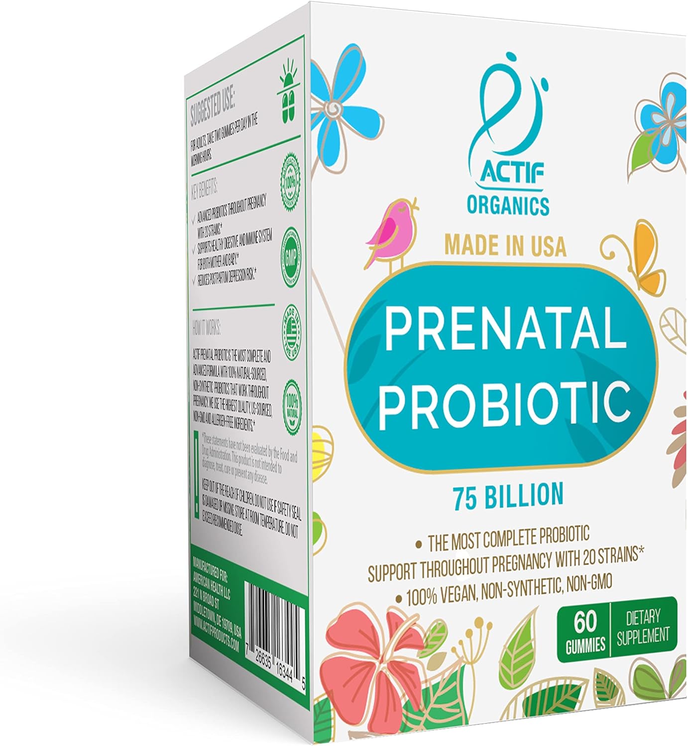 Actif Prenatal Probiotic Maximum Strength With 75 Billion Cfu And 20 Strains, Immunity And Gut Support, Zero Nausea Formula - Made In The Usa, 60 Gummies, Strawberry Flavor