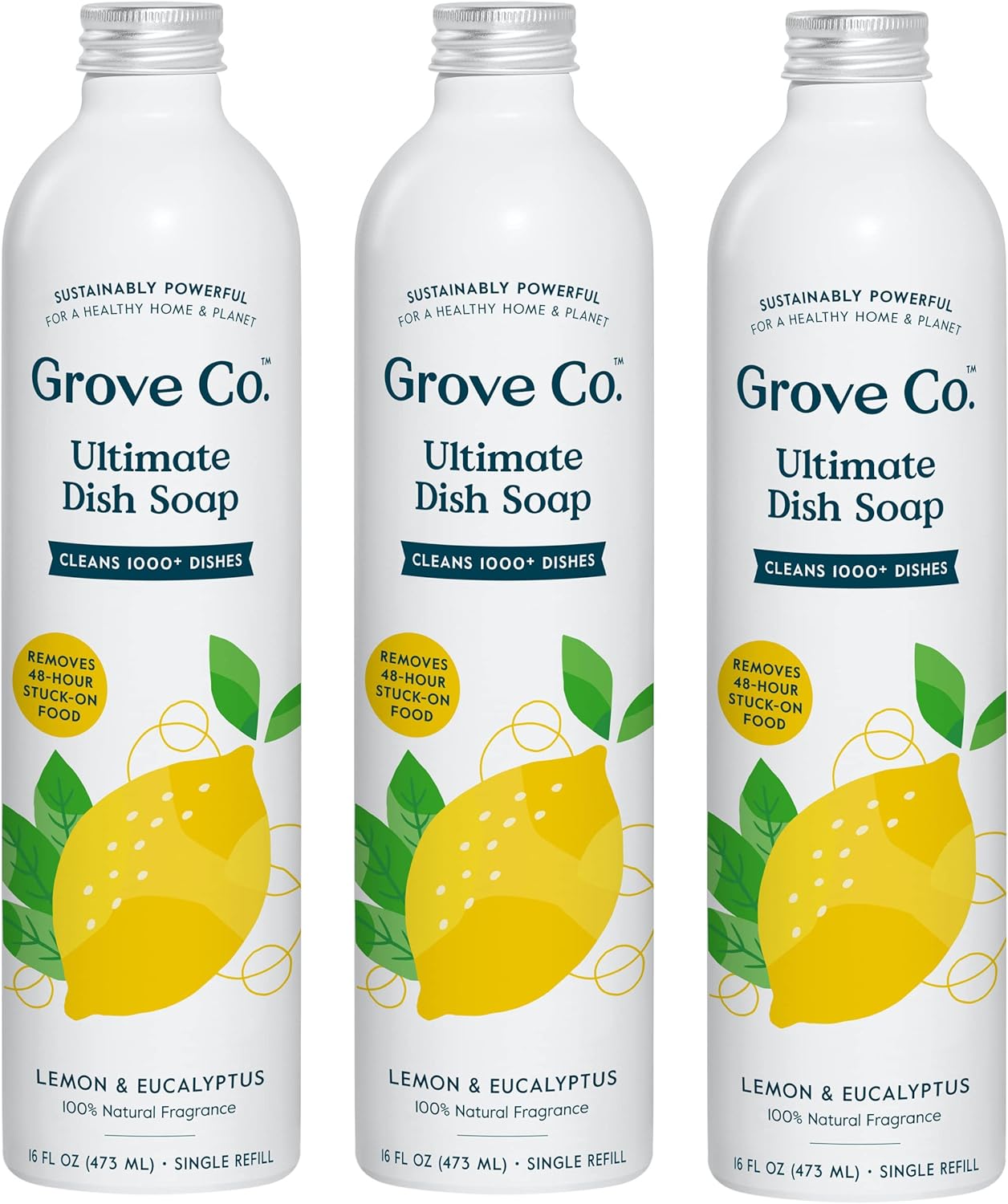 Grove Co. Ultimate Dish Soap Refills (3 x16 Fl Oz) Removes 48-hr Stuck-on Food and Grease, Plastic Free Cleaning Products, 100% Natural Lemon & Eucalyptus Fragrance