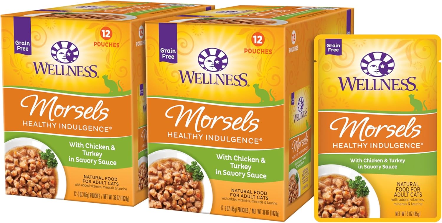 Wellness Healthy Indulgence Morsels Grain-Free Wet Cat Food, Made With Natural Ingredients, Quality Proteins, Complete And Balanced Meal, 3 Oz Pouches (Chicken & Turkey, 24 Pack)