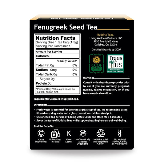 Buddha Teas Organic Fenugreek Seed Tea - Ou Kosher, Usda Organic, Ccof Organic, 18 Bleach-Free Tea Bags