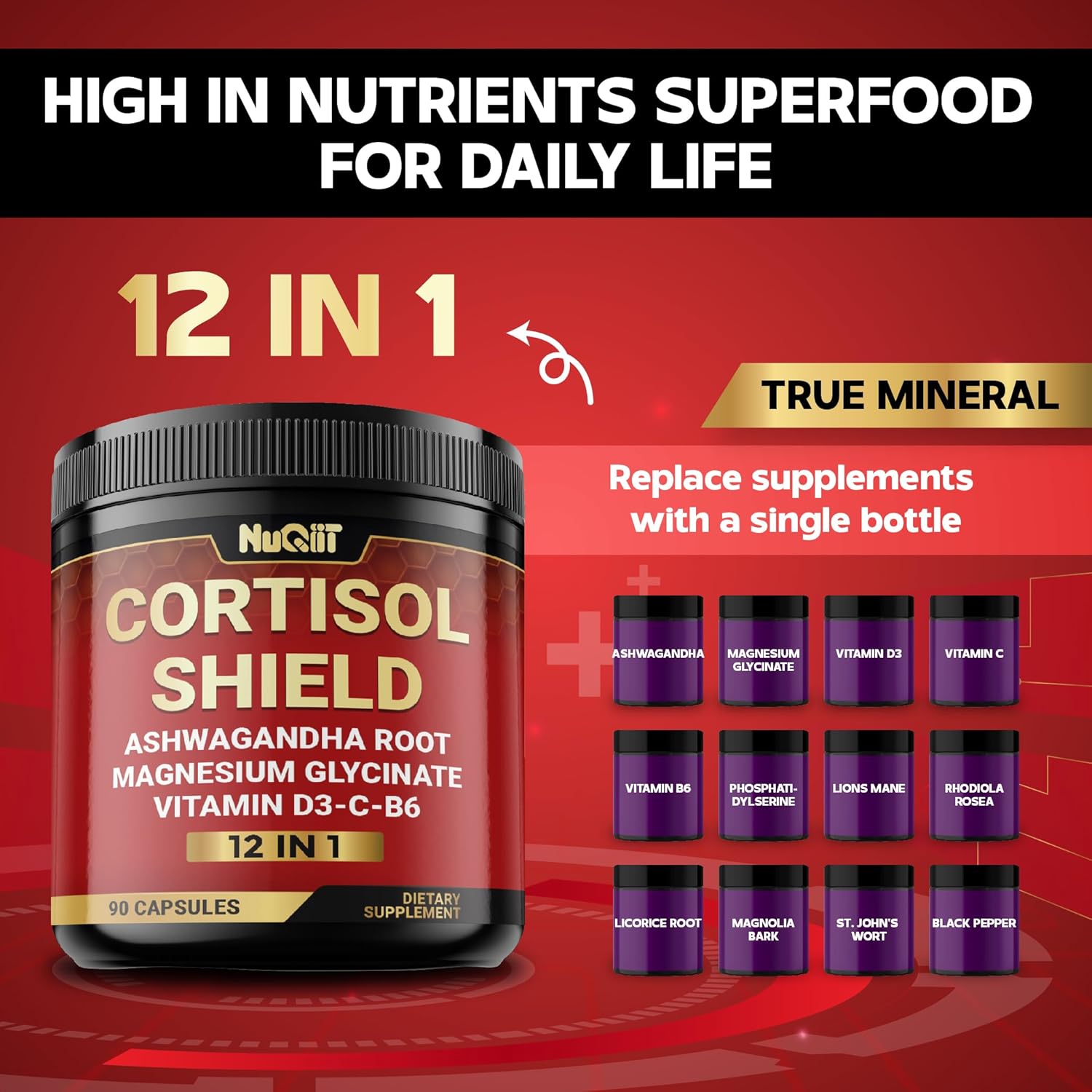 Nuqiit 12In1 Cortisol Shield - Ashwagandha And Magnesium & 10 More - 90 Capsules : Health & Household