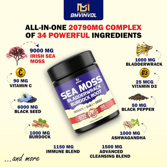 BMVINVOL 100 Capsules - Sea Moss Capsules 20790mg with Bladderwrack, Burdock, Ashwagandha & More - 34in1 Sea Moss Supplement for Immune System, Energy