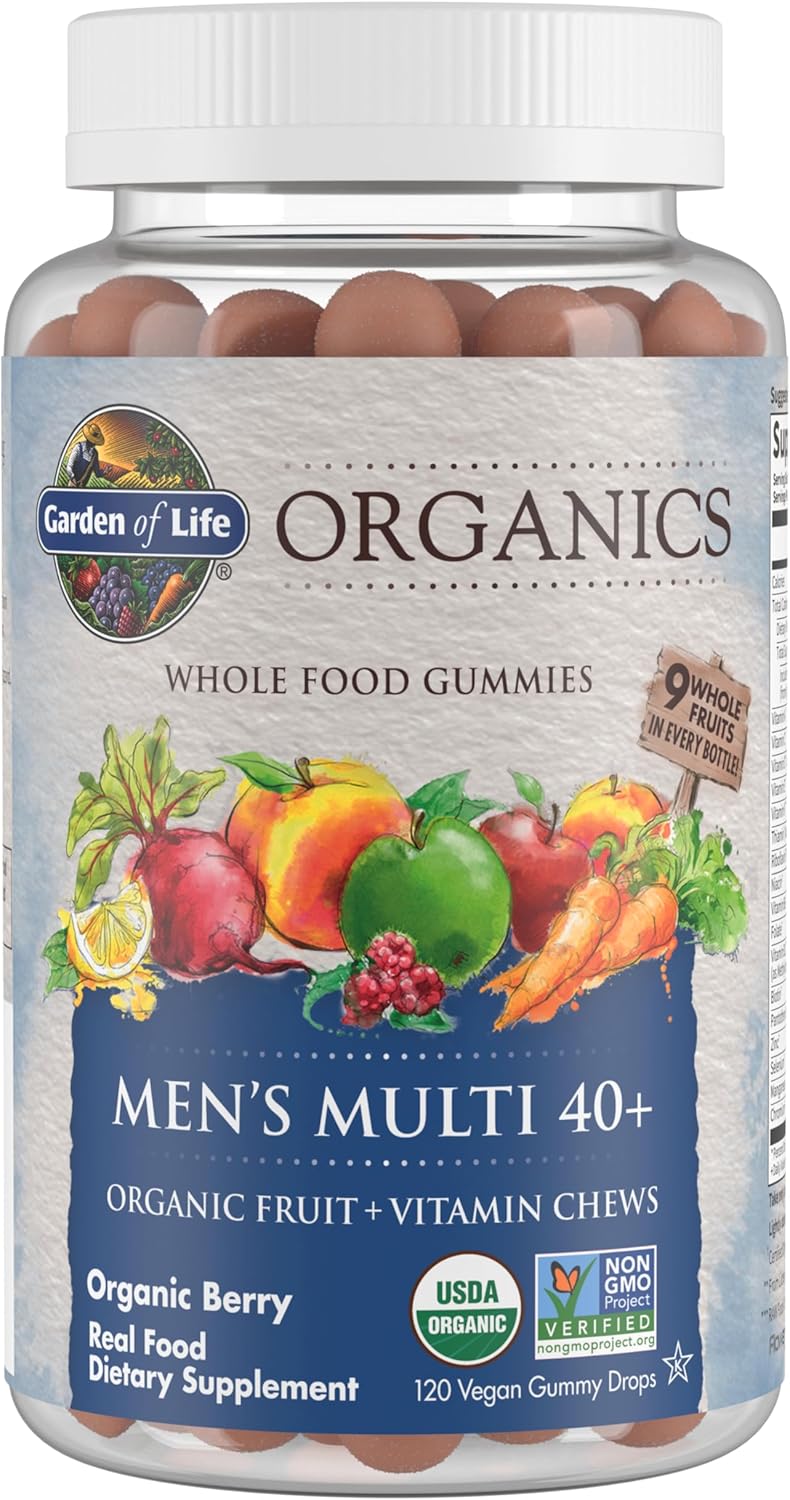Garden Of Life Organics Men 40+ Gummy Vitamins - Berry - Certified Organic, Non-Gmo, Vegan, Kosher Complete Multi - Methyl B12, C & D3 - Gluten, Soy & Dairy Free, 120 Real Fruit Gummies