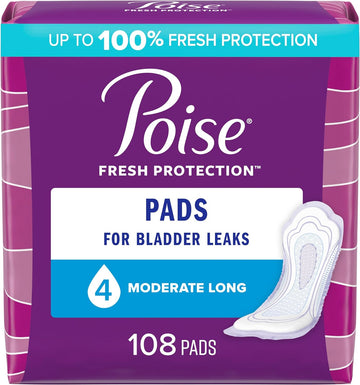 Poise Incontinence Pads & Postpartum Incontinence Pads, 4 Drop Moderate Absorbency, Long Length, 108 Count (2 Packs of 54), Packaging May Vary