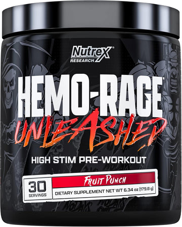 Nutrex Research Hemo-Rage Extreme High Stim Pre Workout Powder | Insane Lasting Energy, Focus, Endurance & Pump Booster Preworkout Supplement | Fruit Punch 30 Servings