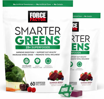 Force Factor Smarter Greens Superfood Chews, 2-Pack, Greens And Superfoods With Probiotics, Antioxidants, And Fiber, Greens Supplement To Support Digestion, Nitric Oxide, And Energy, 120 Soft Chews