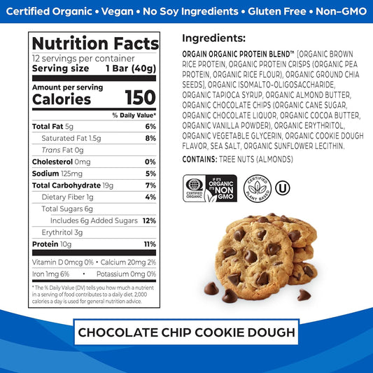 Orgain Organic Vegan Protein Bars, Chocolate Chip Cookie Dough - 10g Plant Based Protein, Gluten Free Snack Bar, Low Sugar, Dairy Free, Soy Free, Lactose Free, Non GMO, 12 Count (Pack of 12)