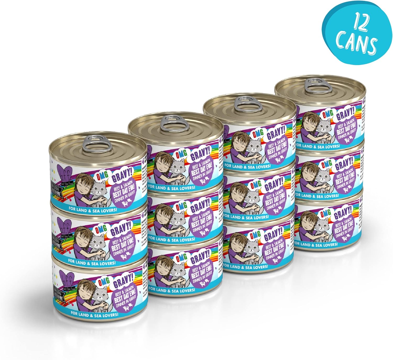 Weruva B.F.F. OMG - Best Feline Friend Oh My Gravy!, Best Day Eva! with Beef & Salmon in Gravy Cat Food, 2.8oz Can (Pack of 12) : Pet Supplies