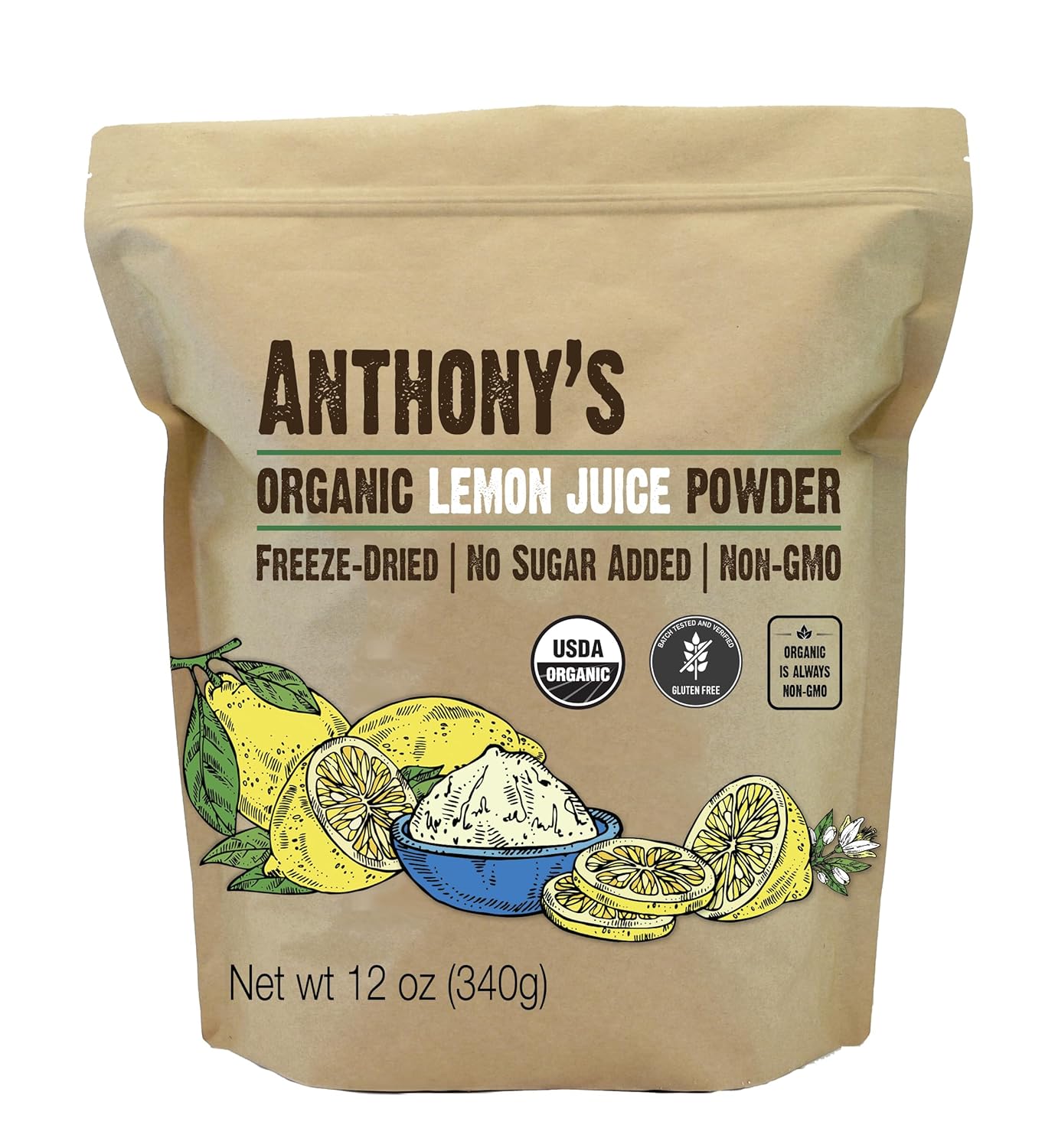 Anthony's Organic Lemon Juice Powder, 12 ounce, Freeze Dried, Cold Pressed, No Sugar Added, Gluten Free, Non GMO