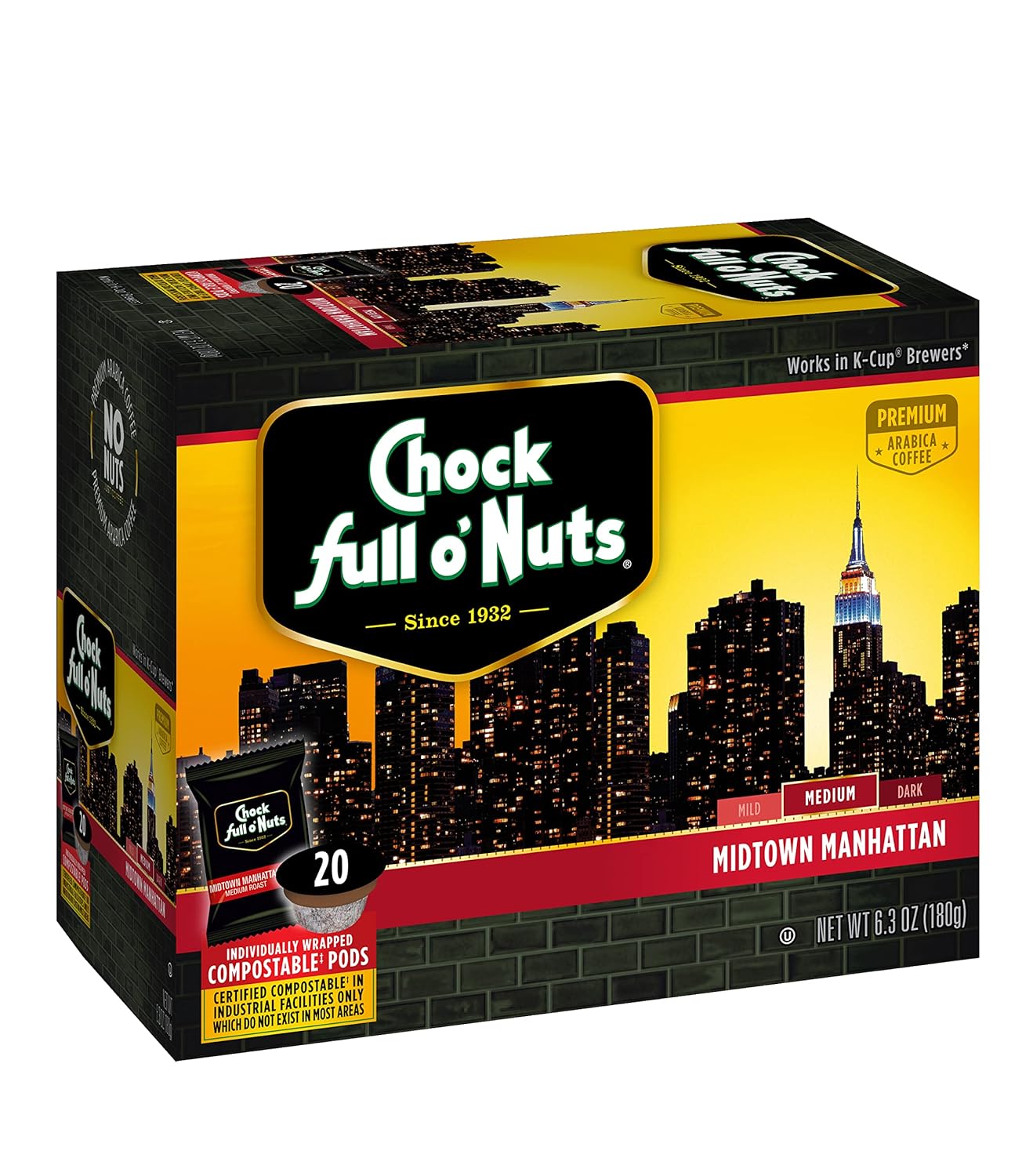 Chock Full O’Nuts Midtown Manhattan Medium Roast, K-Cup Compatible Pods (20 Count) - Arabica Coffee In Eco-Friendly Keurig-Compatible Single Serve Cups